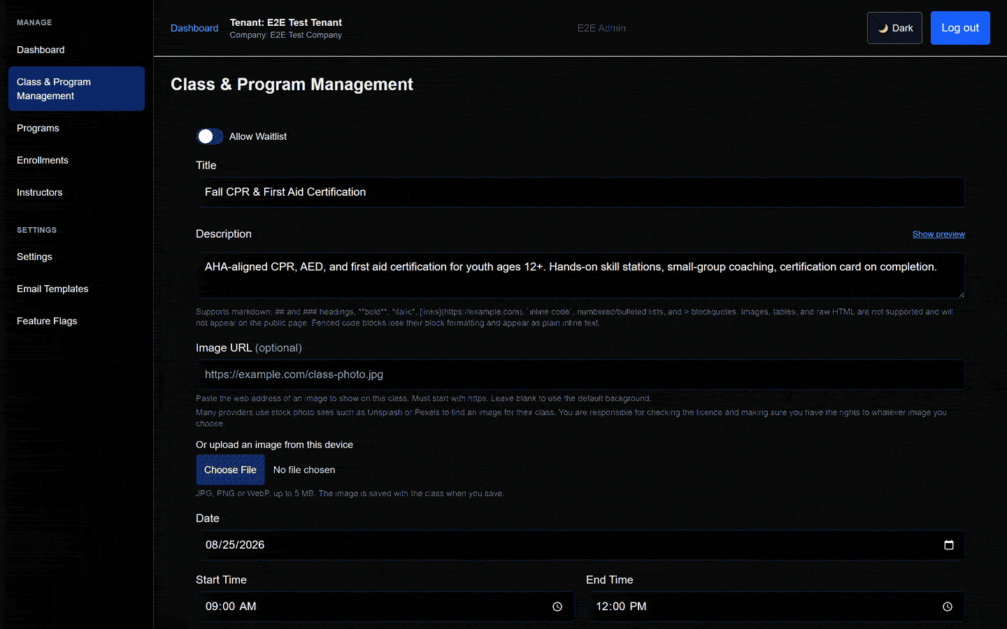 Publishing a class in the admin app: filling in the class form, saving as a draft, confirming publish, and the class going live in the list.