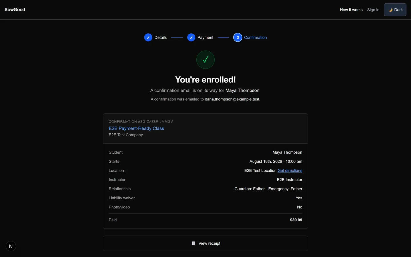 Enrollment confirmation screen showing the class paid in full.