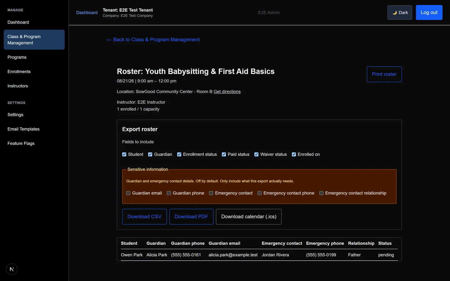 Admin roster view for a full class, showing a guardian on the waitlist.