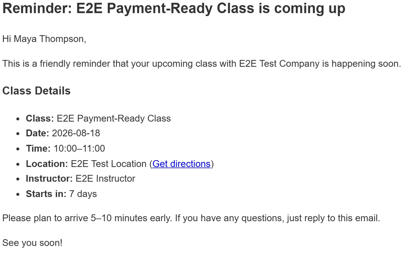 An automated class-reminder email showing the class details.